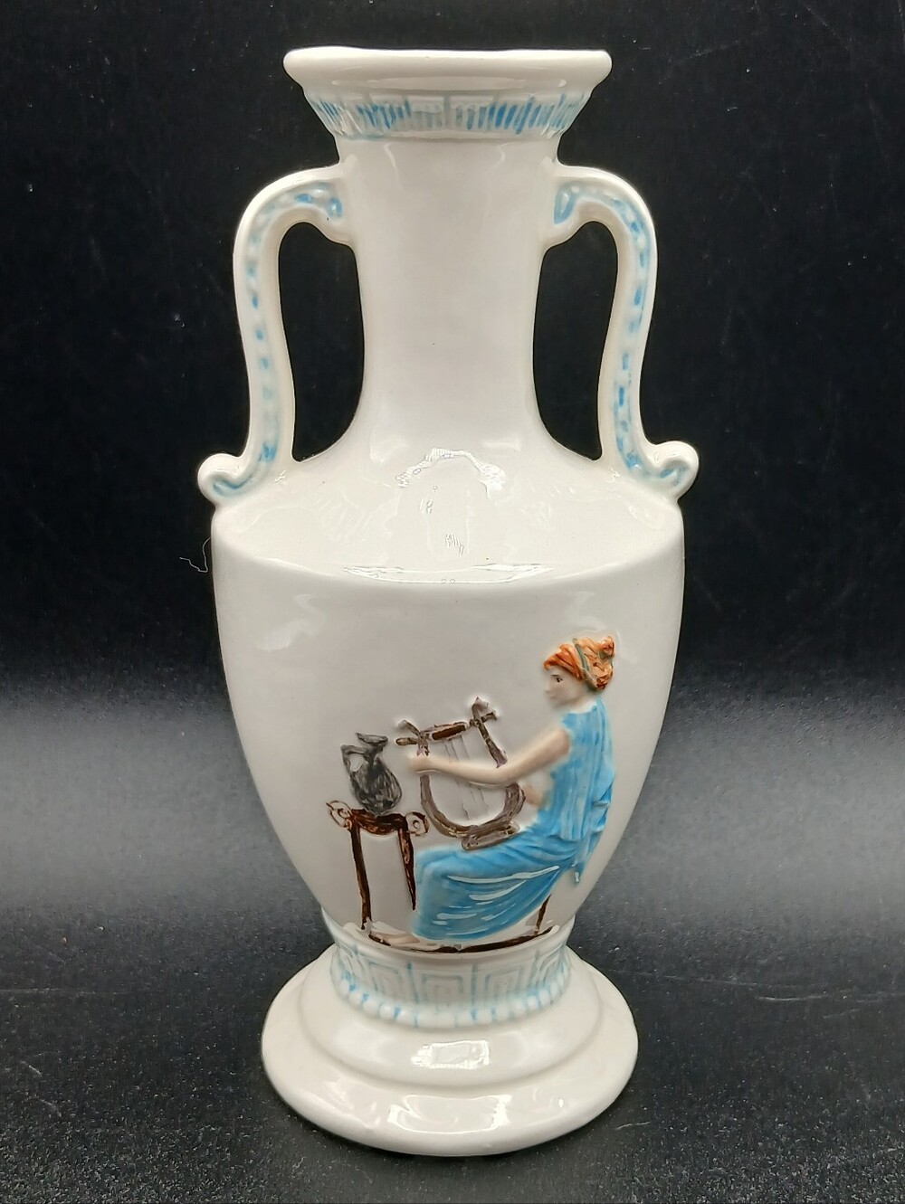 Vintage Signed Ruth Porcelain or Ceramic Creamy White Lady Playing Harp Vase